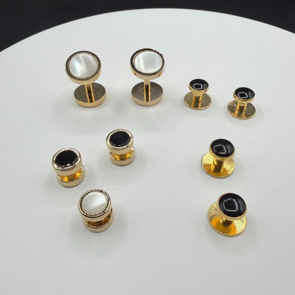 Gold Tone Tuxedo Stud Cufflink Set Black Mother of Pearl Formal Dress Shirt